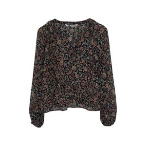 Zara Floral Blouse Women’s Medium Black Multicolour Floral Gold Glitter